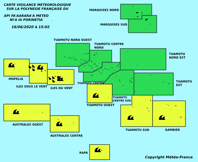 Vigilance Jaune pour fortes pluies et houles aux Iles du Vent, Iles sous le vent, Tuamotu et Australes
